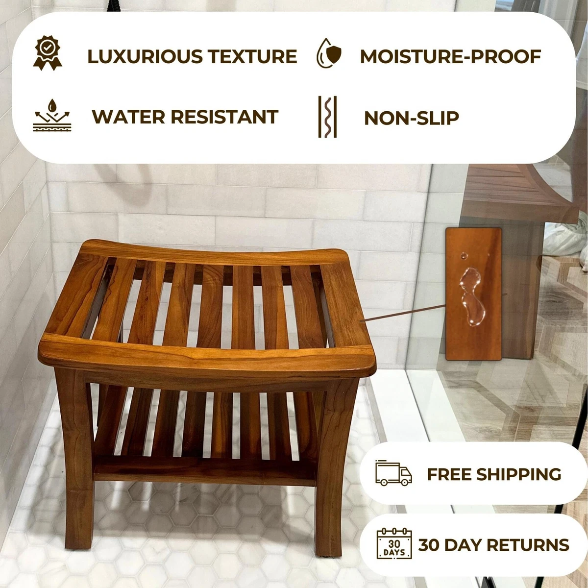 Solid Teak Wood Natural Bath Stool Shower Seat Bathroom Spa