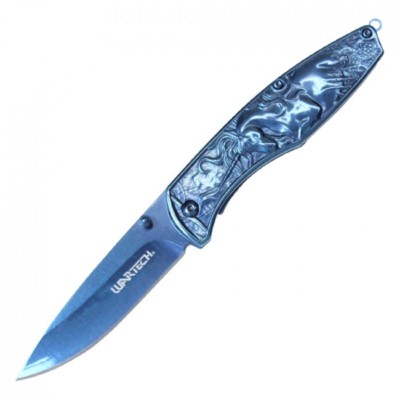 Spring-Assist Folding Pocket Knife Wartech Chrome Blue Unicorn EDC