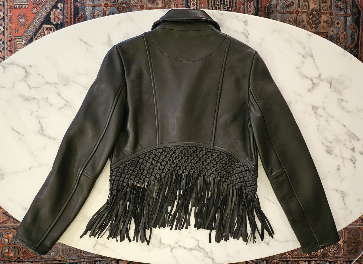 Maje Black Fringed Leather Jacket Sz 36/small Moto Boho Chic Maje Black Fringed Leather Jacket Sz 36/small Moto Boho Chic