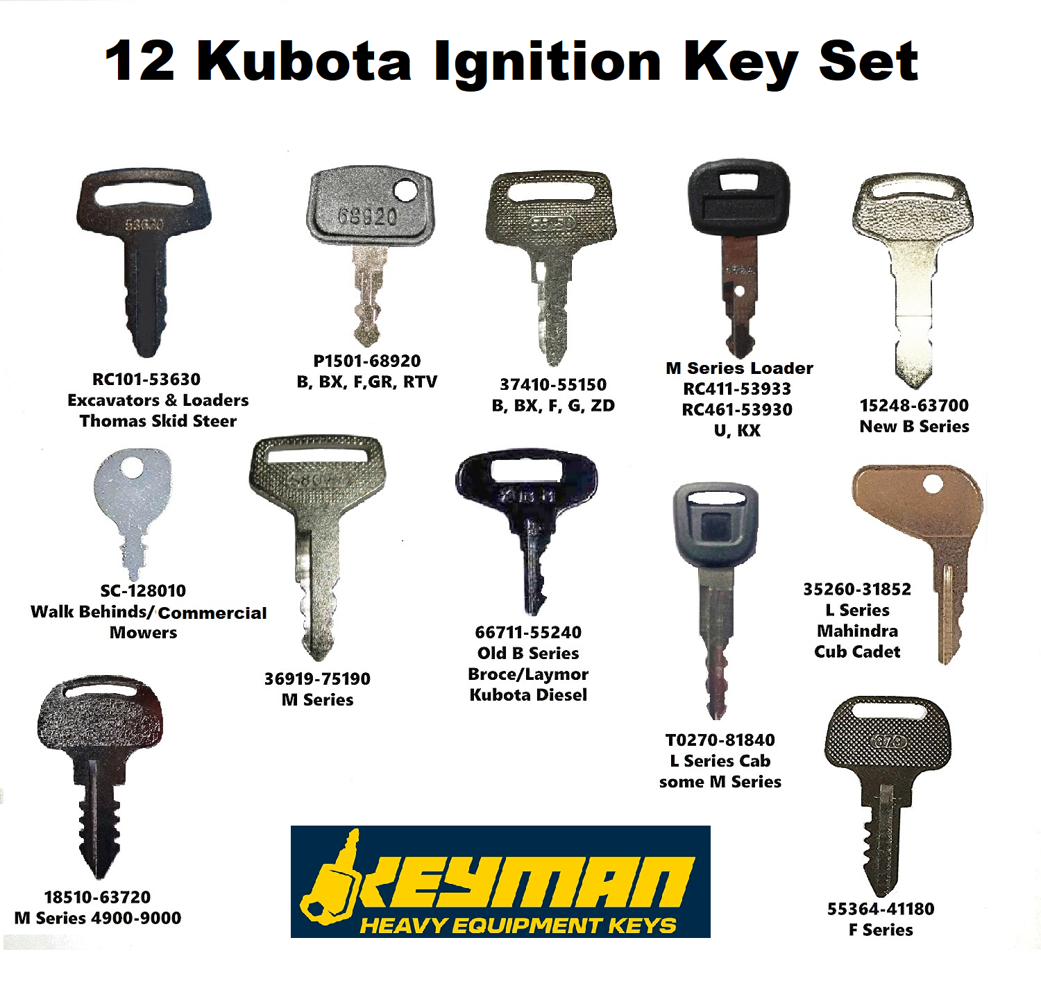 12 Kubota Tractor & Equipment Ignition Key Set fits most Kubota Tractor