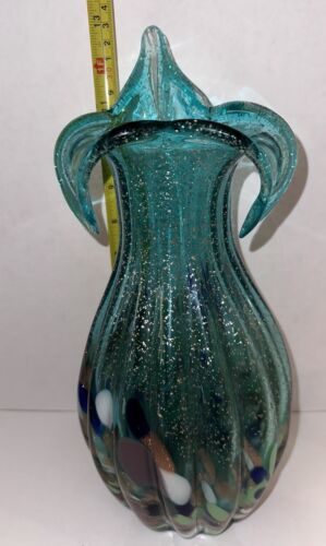 Vintage Krosno mundgeblasenes Glas Jack in Kanzel Glitzer türkis blau-grün große 13" Vase - Bild 14 von 15