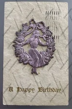 antique 1909 postcard Happy Birthday purple 3-d fancy medallion Edwardian woman