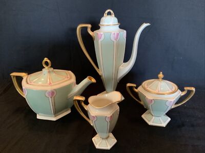 Vintage ANTIQUE American Belleek Lenox Austria Floral Gold Coffee Pot & Sugar
