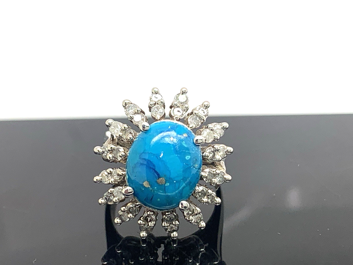 Turquoise Diamond Cocktail Ring 10k White Gold Estate Jewelry