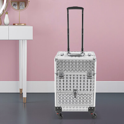New Large Capacity Rolling Nail Case Wheeled Manicure Silver Makeup Train Box US
