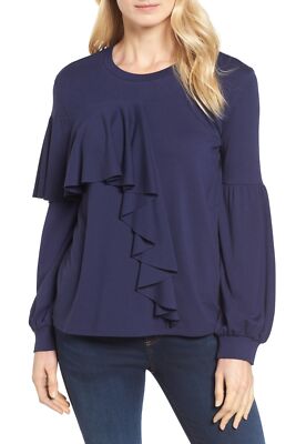 Halogen 163607 Women's Long Sleeve Asymmetrical Ruffle Blouse Navy Sz. Medium