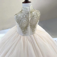 High Neck Gold Applique Champagne Girls Pageant Dresses With Long Train