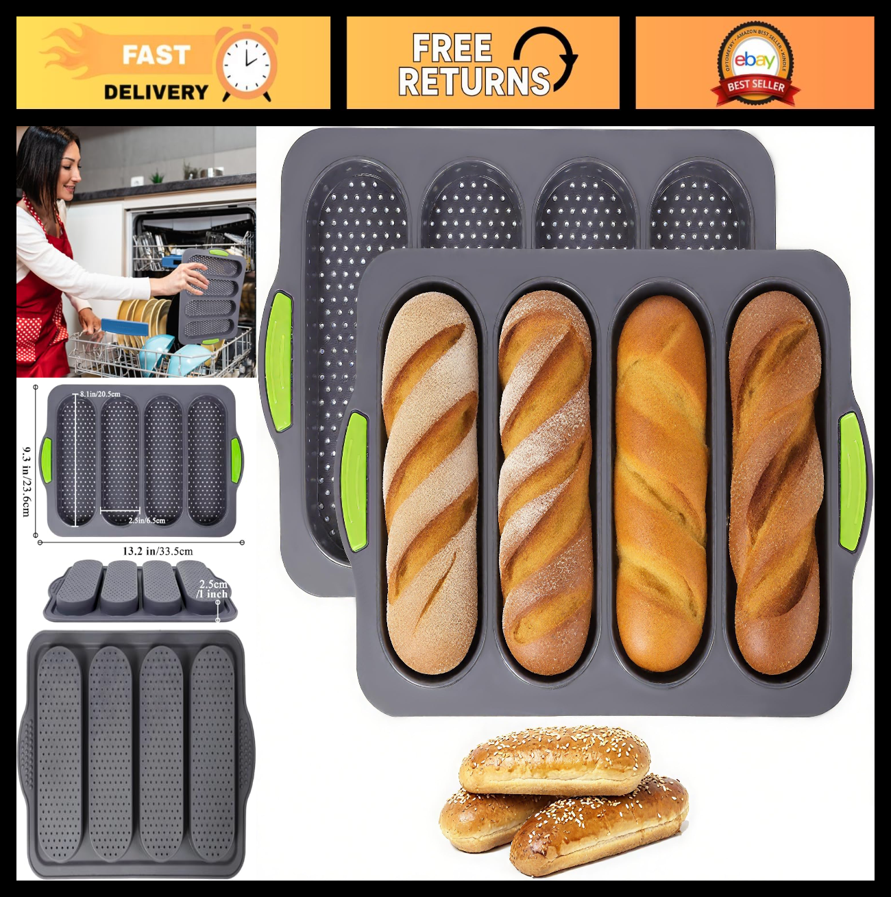 2-Piece Silicone Bread Loaf Baguette Pan Set