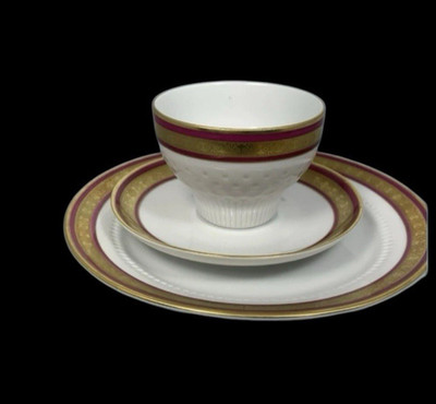 Kahla Germany Teacup & Saucer Trio Burgundy & Gold Vintage 3 piece