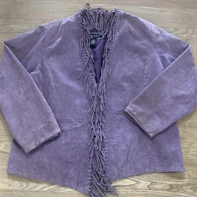 Vintage Dialogue Purple Leather Fringe Jacket Women s 1X Open Front Western Boho