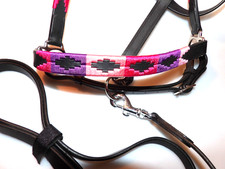 Polo Lederhalfter schwarzes Leder pink lila rosa bestickt mit Führleine WB