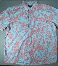 AFTCO Mens Cocobar Button Shirt XL Blue Pink Performance Short Sleeve Floral