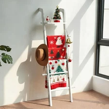 67-Inch Farmhouse Blanket Ladder with Shelf and Hooks, 5-Tier Wooden Wall Lea...