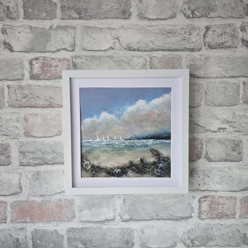 Original Acrylic Painting Summer Coastal Landscape Boats Sailing Framed - Image 4 of 4