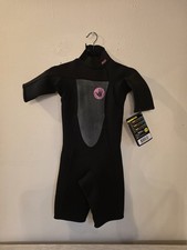 Women's Body Glove 2/1mm black shorty spring wetsuit with a back zip entry.