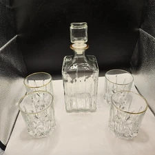 Vintage Italian Glass Decanter & 4 Whiskey Glasses Gold Rim Starburst ITALY