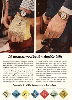 1958 Watchmakers of Switzerland: Lead a Double Life Vintage Print Ad