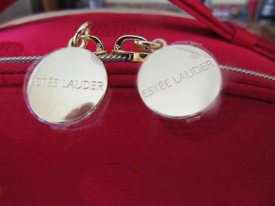 Estuche de Maquillaje Cosmético de Viaje Estee Lauder Fushia Rojo Punteado Dos Cremalleras con Asa Foto 4 de 4