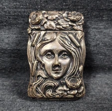 Antique 1870's German Silver Art Nouveau Woman Lady Match Safe Vesta