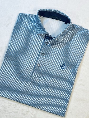 Greyson Men’s Golf Polo Shirt Omaha CC Logo Geometric Blue Sz Large