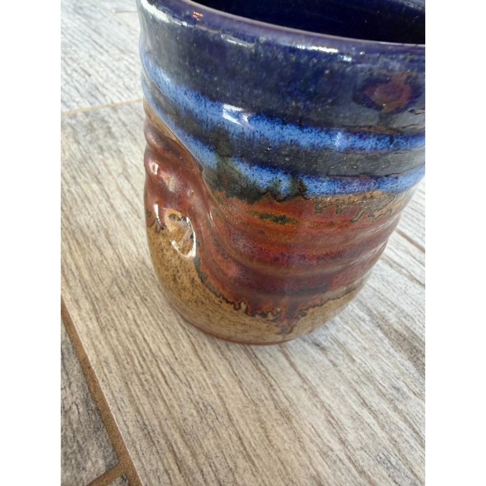 Studio Pottery Tumbler Mug Drip Glaze Signed Artisan Thumbprint Travel Cup Thumb