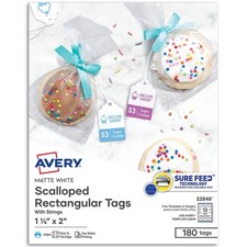 Avery Scalloped Rectangular Tags With Strings, 1-1/4  x 2  , Matte White