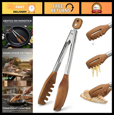 Multifunction 3-in-1 Kitchen Tongs & Pasta Server - 12'' Heat-Resistant Walnut To