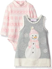 Bonnie Jean Baby girls Christmas Snowman grey Pink sweater jumper dress Set