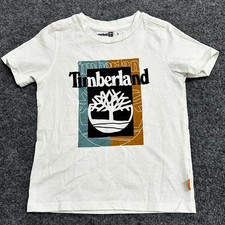 Timberland T-Shirt Boys Size 5 White Graphic Logo Crew Neck Short Sleeve Cotton