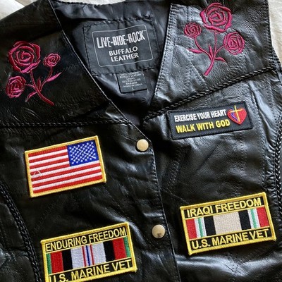Live Ride Rock Women s L Buffalo Leather Motorcycle Vest Patch U.S Veteran Black