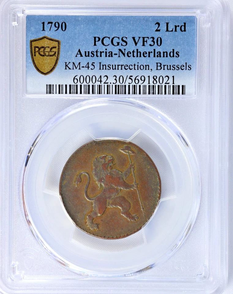 1790 Austria Netherlands 2 Liards Oorden Insurrection Brussels PCGS VF30BN - Image 2 of 3