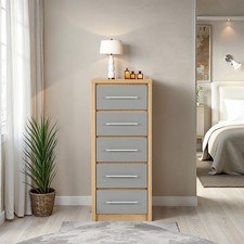 Seville 5 Drawer Narrow Chest Grey Gloss Light Oak Bedroom Storage Cabinet