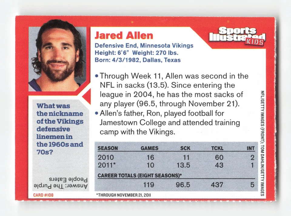 2012 Sports Illustrated for Kids #108 Jared Allen - Image 2 of 2