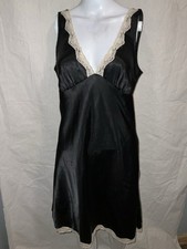 Victoria Secret Y2K Satin Whimsy Goth Black Lace Babydoll Nighty Slip Dress Med