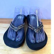 Yellow Box Katelyn Rhinestone Wedge Flip Flop Sandals Women's 6.5 Black