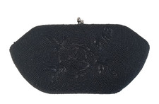 Vintage Black Beaded Clutch Purse Eveningwear Kiss Clasp Made in Japan 5038