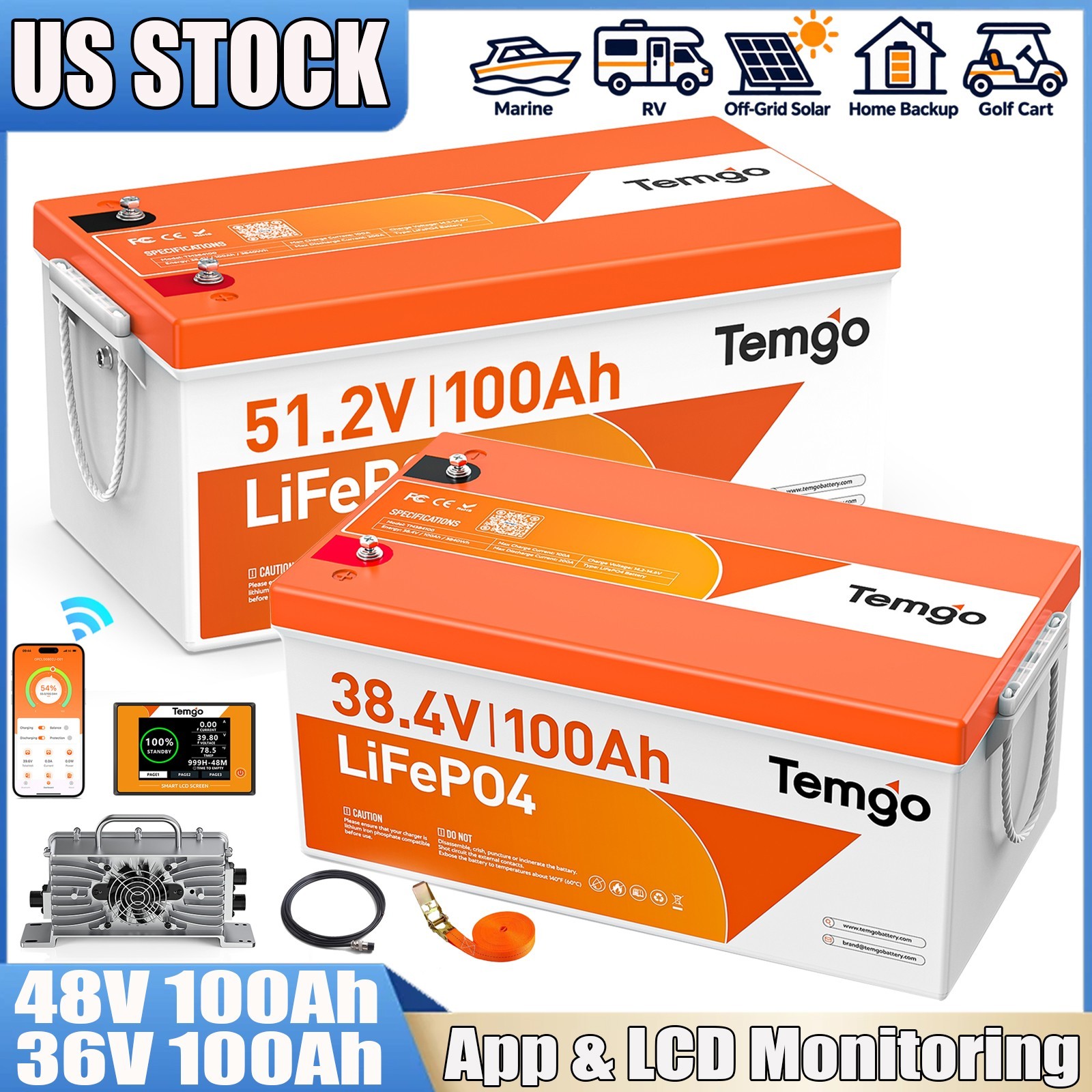 36/48V 100Ah Golf Cart LiFePO4 Lithium Battery w/Charger 200A BMS Off-grid Solar