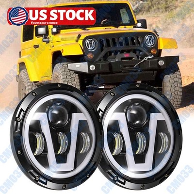 Pair 130W 7'' Round LED Headlights Halo Angel Eyes DRL Turning for Jeep JK JKU