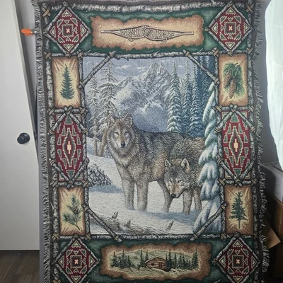 Pure Country Weavers Wolf Tapestry Blanket Throw 35x51 Cotton Woven Made in USA - Image 1 of 4
