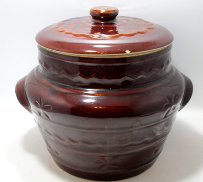 Vintage Marcrest Oven Proof Stoneware Daisy Dot Brown Dutch Oven Bean Pot W/Lid