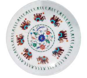 9" White Marble Plate Rare Jasper Elephant Inlay Pietradure Art Decor Gift H2798 9" White Marble Plate Rare Jasper Elephant Inlay Pietradure Art Decor Gift H2798