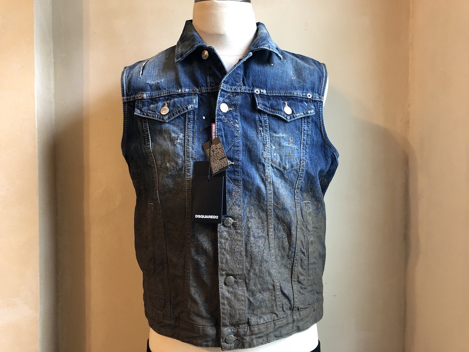 DSQUARED² ICON RUNWAY WASHED BLUE DENIM PAINT MUD COVERED VEST S 54 XXL MADONNA