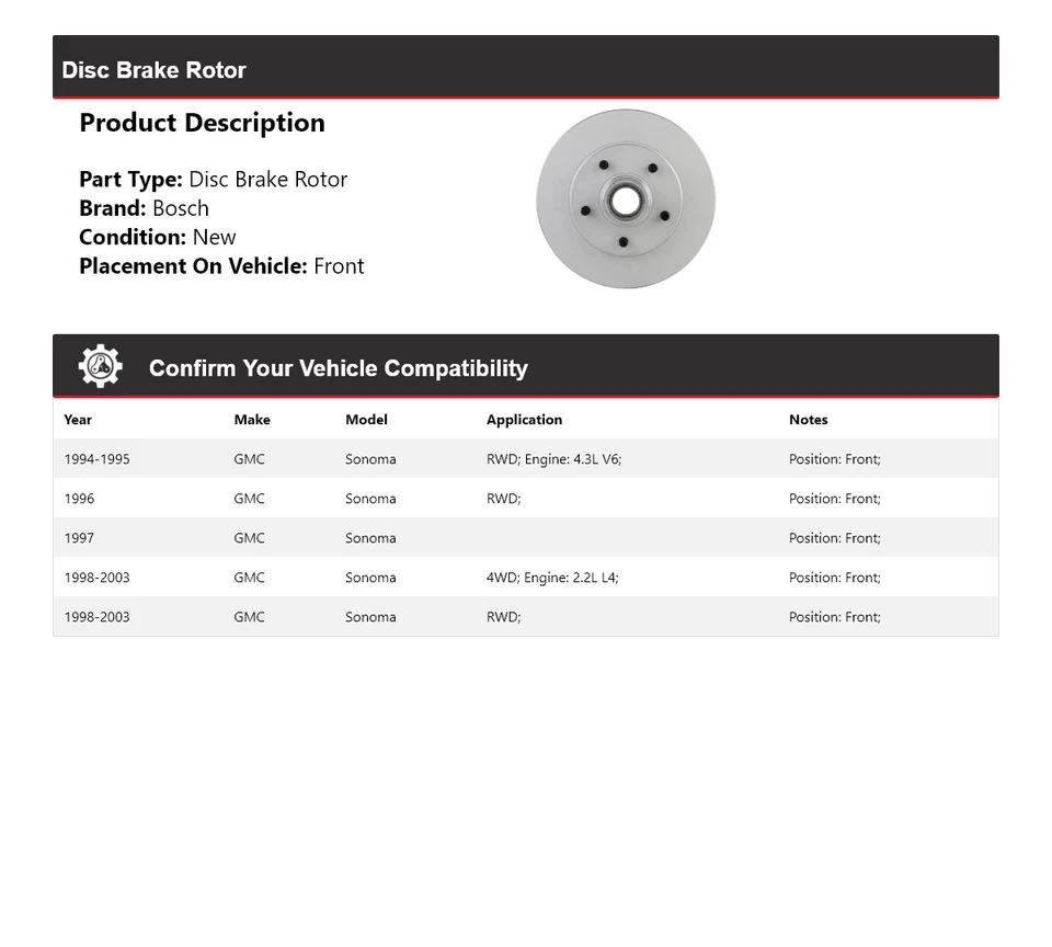 Rotor de freno de disco delantero QuietCast 1995 1996 1997 para GMC Sonoma Bosch 1994-2003 Foto 2 de 4