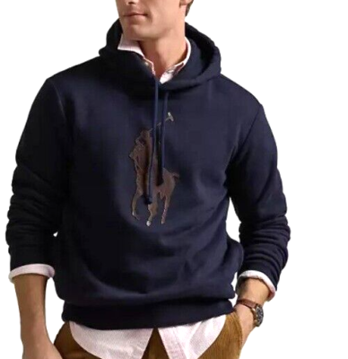 Polo Ralph Lauren Fleece Hoodie Leather Big Pony Navy Pullover M