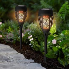 Solar Black/Beige Dancing Flame LED Torch Stake Flickering Outdoor Garden Torch