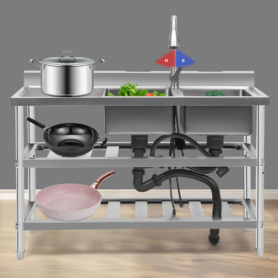 3 Tier Commercial Restaurant Sink Stainless Steel kitchen Sink W/Faucet 2 Sinks