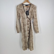 NEW PRETTYLITTLETHING Womens wrap dress size 8 midi brown snake long slv 050905