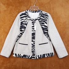 CHICOS Jacket Womens Size 2 Large Cream Snap Button Up Zebra Black Stripe
