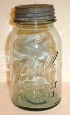 Vintage Ball Perfect Mason Light Green Lucky #7 One Quart Fruit Jar w/ Zinc Cap