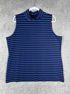 Susan Graver Weekend Striped Sleeveless Mock Neck Top Womens 1X Stretch Blue